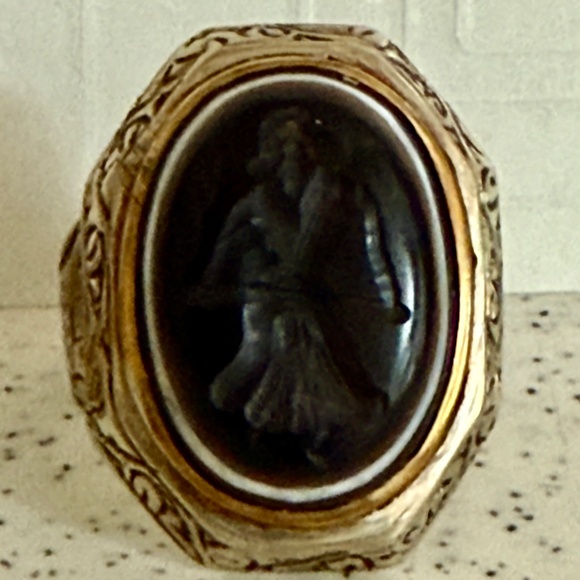 carved black intaglio sterling silver mens ring...gorgeous - Picture 3 of 8